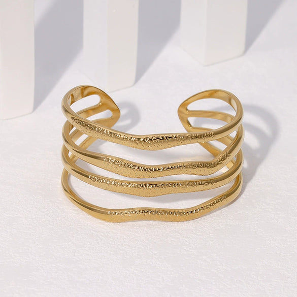 Wholesale Women's Wide Version Exaggerated High End Retro Geometric Irregular Stainless Steel Gold Plated Bracelet