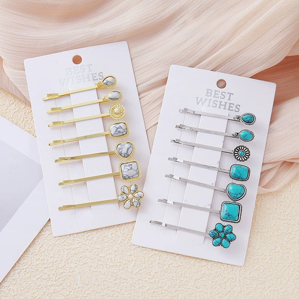 Wholesale Women's Zinc Alloy Electroplated Water Drops Flower Shaped Hair Clip Turquoise Hair Accessories
