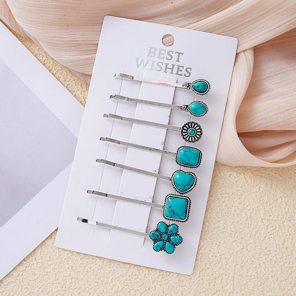 Wholesale Women's Zinc Alloy Electroplated Water Drops Flower Shaped Hair Clip Turquoise Hair Accessories