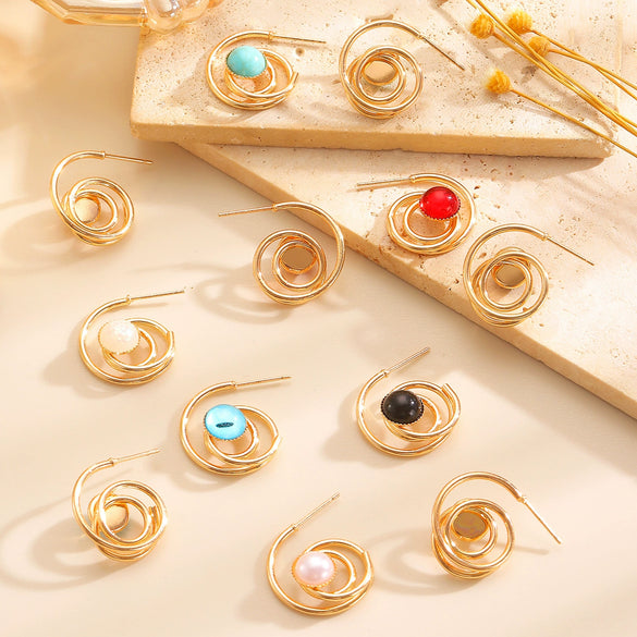 Wholesale Women's Zinc Alloy Geometric Electroplated Cring Earrings With Natural Stone Pearls