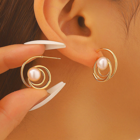 Wholesale Women's Zinc Alloy Geometric Electroplated Cring Earrings With Natural Stone Pearls