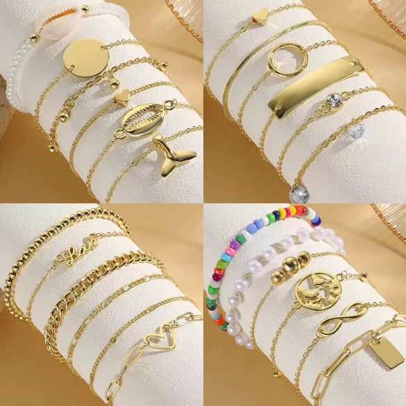 Wholesale Women's Zinc Alloy Multilayer Bracelet Retro Simple Style With Heart And Geometric Patterns Electroplated