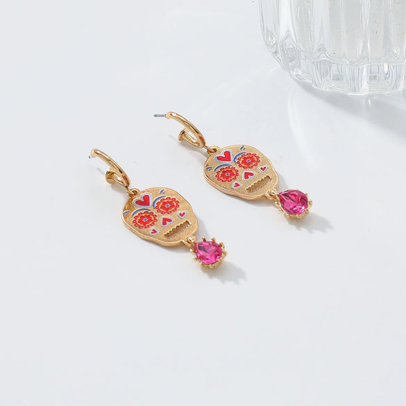 Wholesale Women's Zinc Alloy Skull Heart Geometric Print Dropshaped Pendant Earrings With Electroplating