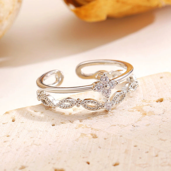Wholesale Women's Zirconencrusted Copper Flower Ring Light Luxury Style