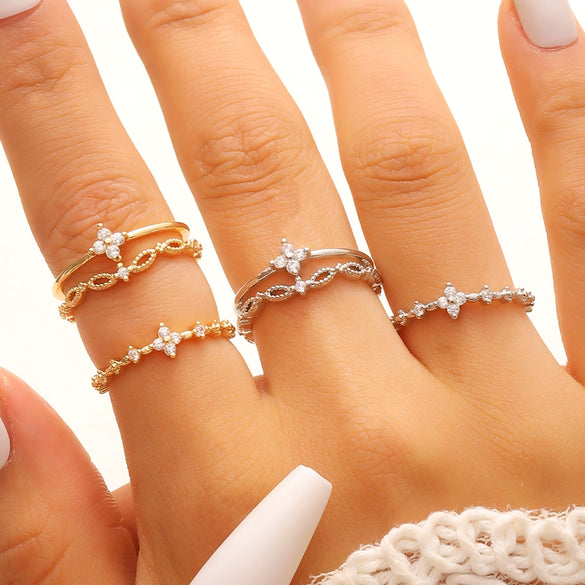 Wholesale Women's Zirconencrusted Copper Flower Ring Light Luxury Style