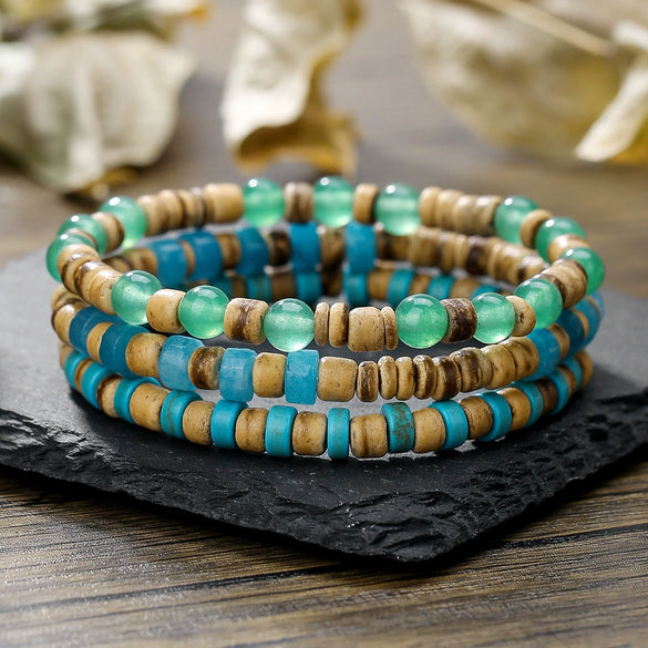 Wholesale Wooden Beads Alloy Handmade Geometric Cross Pendant Bracelet Set