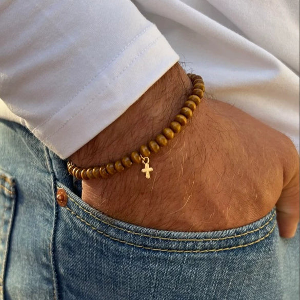 Wholesale Wooden Beads Alloy Handmade Geometric Cross Pendant Bracelet Set