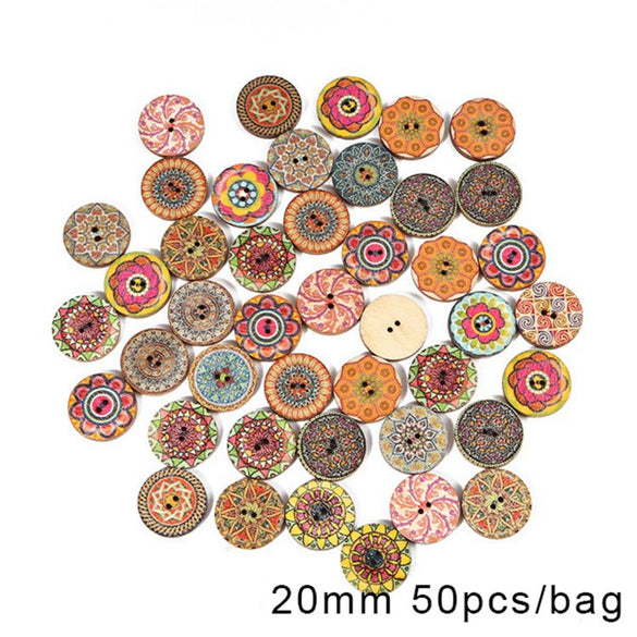 Wholesale Wooden Buttons With Multicolor Printing Flower And Totem Patterns Classic Retro Style