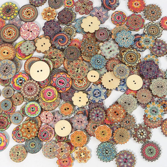 Wholesale Wooden Buttons With Multicolor Printing Flower And Totem Patterns Classic Retro Style