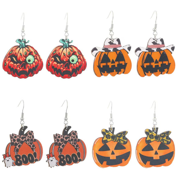 Wholesale Wooden Gothic Cartoon Ghostface Pumpkin Pendant Earrings With Printing And 14K Gold Ear Needles For Women