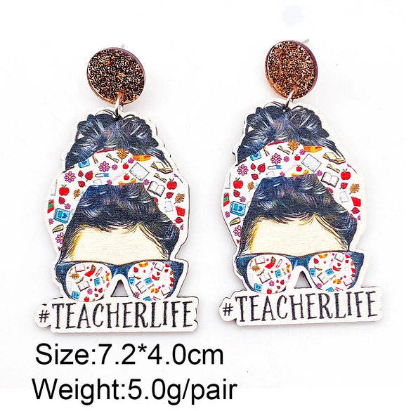 Wholesale Wooden Handmade Women's Earrings With Rainbow Apple Book Leopard Print Geometric Cartoon Characters Ushaped Letters Numbers Text Patterns