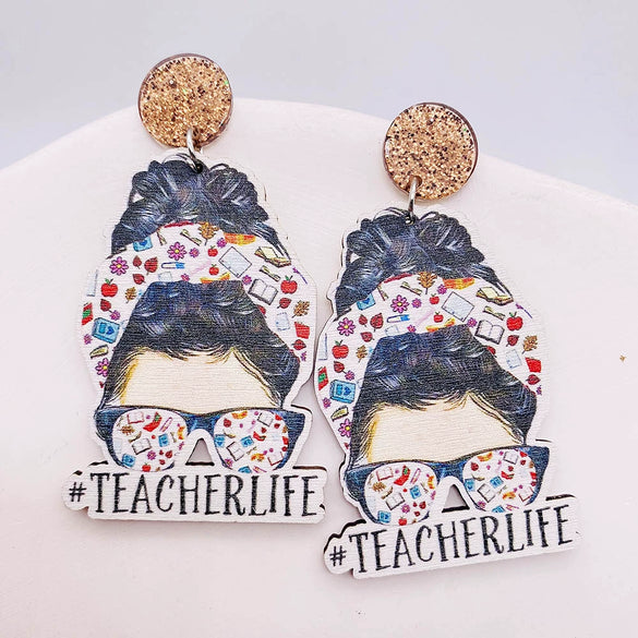 Wholesale Wooden Handmade Women's Earrings With Rainbow Apple Book Leopard Print Geometric Cartoon Characters Ushaped Letters Numbers Text Patterns
