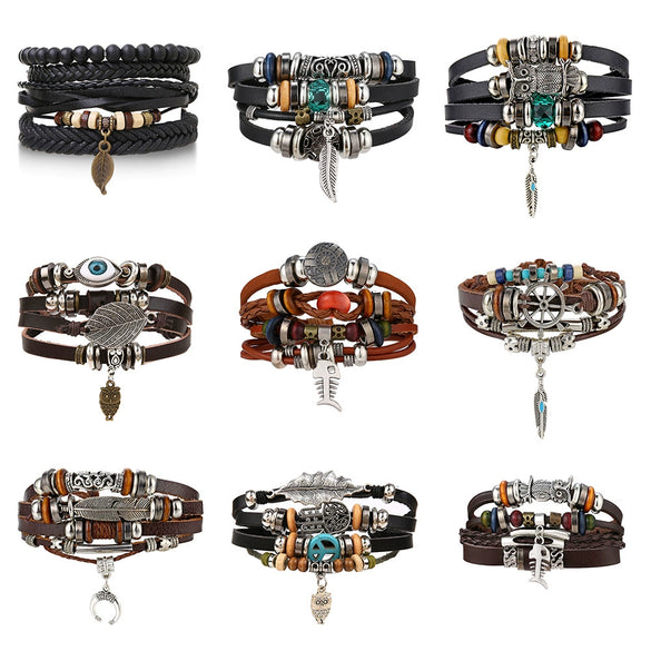 Wholesale Woven Bracelet Set Artificial Leather Geometric Retro Style Handmade For Men And Women