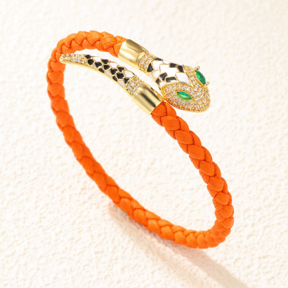 Wholesale Woven Open Bracelet Zinc Alloy Snakeshaped Vintage Rhinestone Snake Head Microinlay Animals Zodiac Style