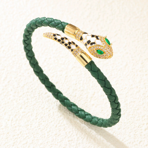 Wholesale Woven Open Bracelet Zinc Alloy Snakeshaped Vintage Rhinestone Snake Head Microinlay Animals Zodiac Style