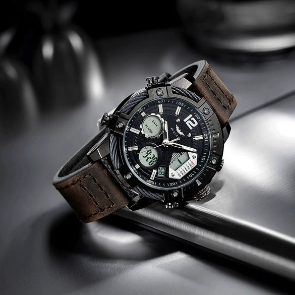 Wholesale Wrist Watch Metal Leather Stainless Steel Clasp Round Dial Luminous Outdoor Sports Double Movement Fashion Style