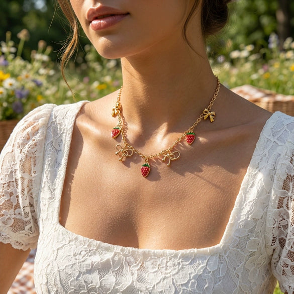 Wholesale Y2k Style Sweet Bow Red Strawberry Alloy Pearl Chain Necklace With Electroplating For Women