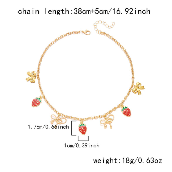 Wholesale Y2k Style Sweet Bow Red Strawberry Alloy Pearl Chain Necklace With Electroplating For Women