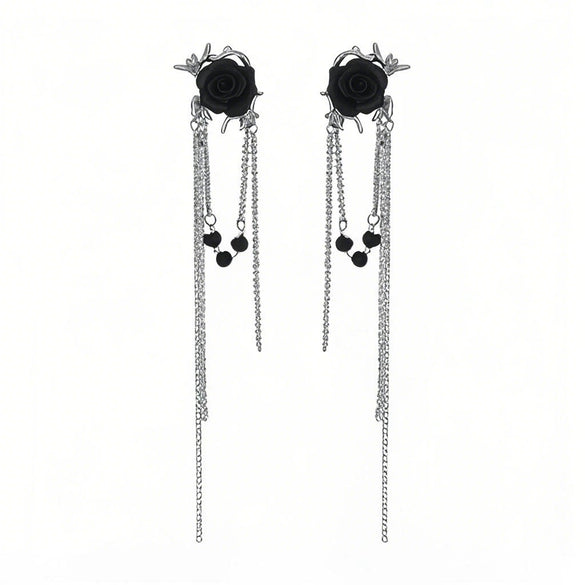 Wholesale Zinc Alloy Black Rose Long Tassel Electroplating Light Luxury Women's Earrings