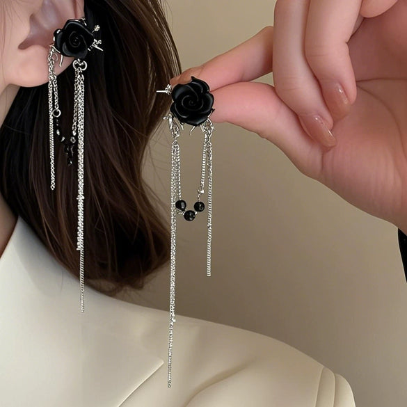 Wholesale Zinc Alloy Black Rose Long Tassel Electroplating Light Luxury Women's Earrings