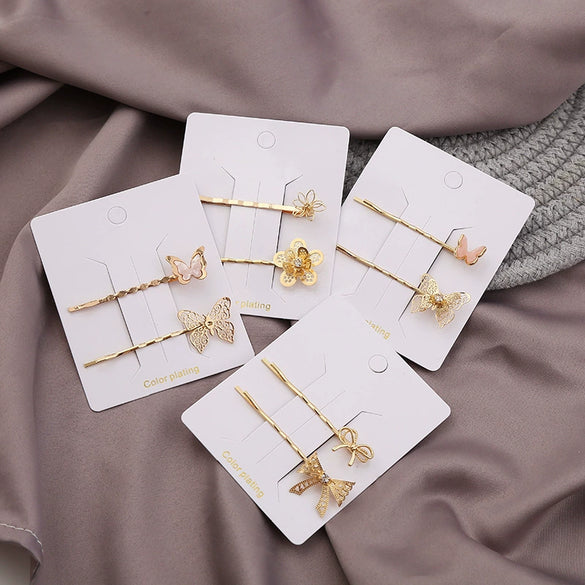 Wholesale Zinc Alloy Forest Style Butterfly Bow Tie Flower Electroplated Women's Word Clip Hairpin Set