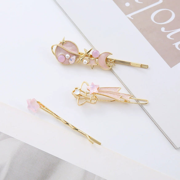 Wholesale Zinc Alloy Handmade Cute Star Moon Fantasy Pink Blue Hair Clips For Girls