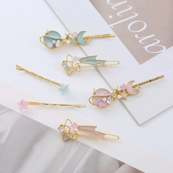Wholesale Zinc Alloy Handmade Cute Star Moon Fantasy Pink Blue Hair Clips For Girls