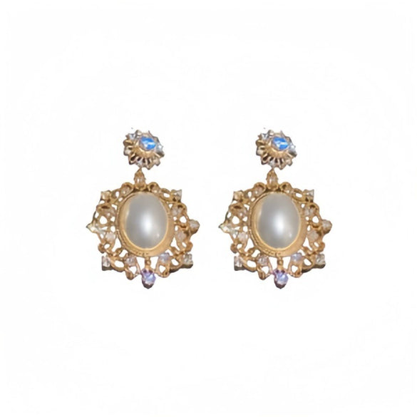 Wholesale Zinc Alloy Rhinestone Pearl Electroplated Geometric Oval Hollow Women's Earrings Retro Elegant Light Luxury