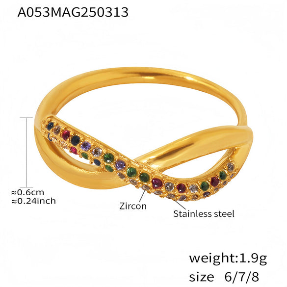 Wholesale Zircon Cross Finger Ring Stainless Steel 18K Gold Plated Geometric Light Luxury Style
