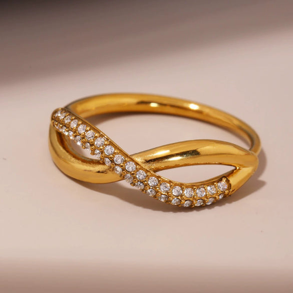 Wholesale Zircon Cross Finger Ring Stainless Steel 18K Gold Plated Geometric Light Luxury Style