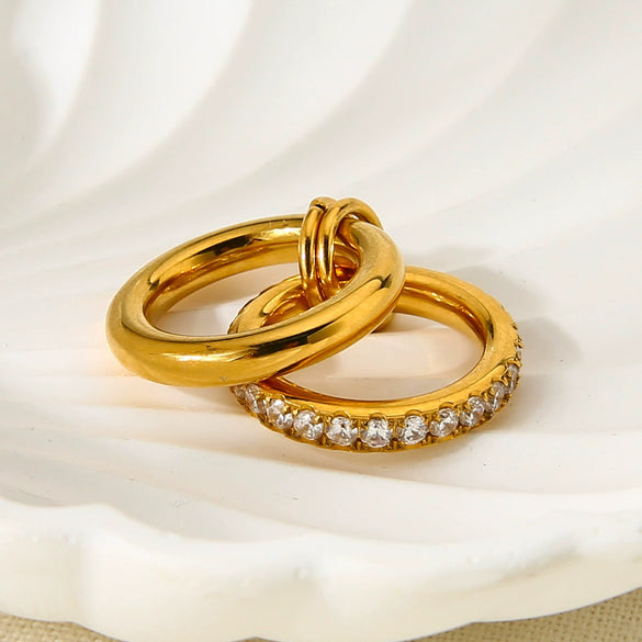 Wholesale Zircon Geometric Stainless Steel 18K Gold Plated Doublelayer Ring For Women Light Luxury Jewelry