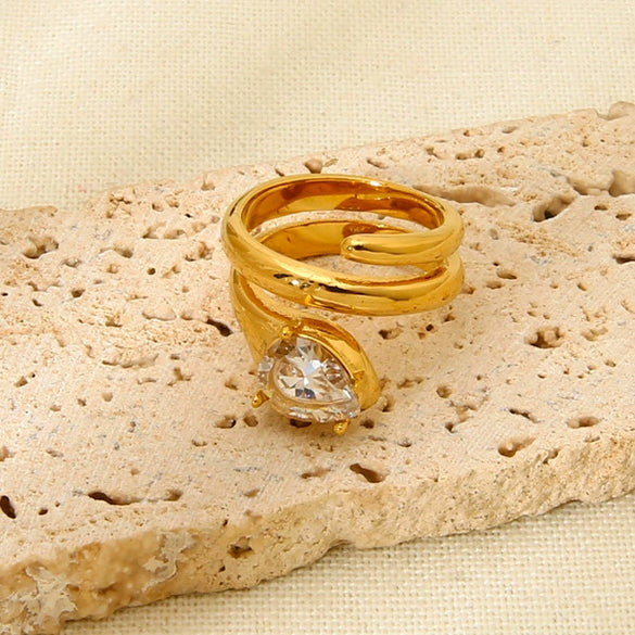 Wholesale Zirconia Snakeshaped Geometric Stainless Steel 18K Gold Plated Ring For Women