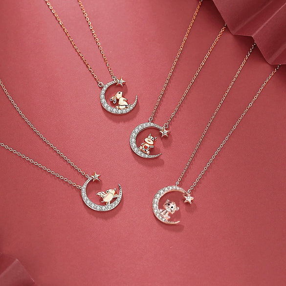 Wholesale Zodiac Dragon Pendant Necklace In Sterling Silver With Rose Gold Electroplated Cross Clavicle Chain And Star Moon Design