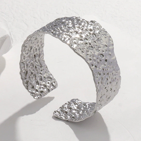 Wide Adjustable Open Titanium Steel Bracelet With Irregular Pattern 18K Gold Plated