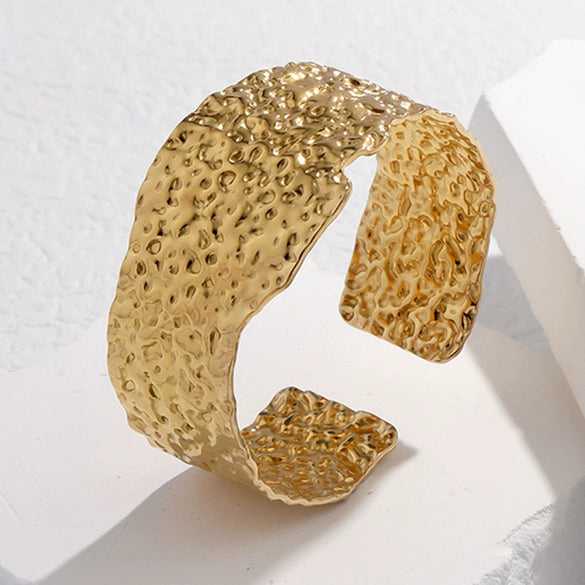 Wide Adjustable Open Titanium Steel Bracelet With Irregular Pattern 18K Gold Plated