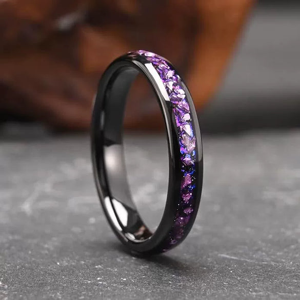 Wide Arc Tungsten Steel Ring With Black Electroplated Finish Goldtone Detail And Purple Crystal Inlay Minimalist Geometric Unisex Jewelry
