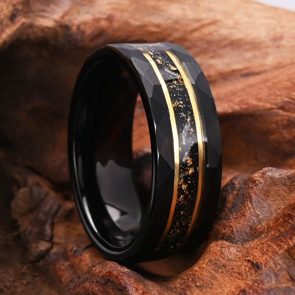 Wide Black Electroplated Tungsten Steel Ring With Gold Foil And Meteorite Inlay Minimalist Geometric Unisex Jewelry