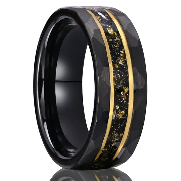 Wide Black Electroplated Tungsten Steel Ring With Gold Foil And Meteorite Inlay Minimalist Geometric Unisex Jewelry