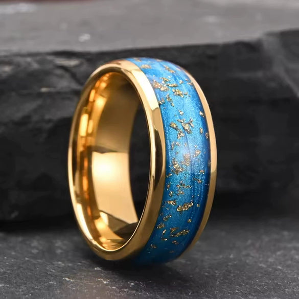 Wide Curved Goldplated Tungsten Steel Ring With Blue Liquid Gold Foil Geometric Minimalist Design For Unisex Jewelry