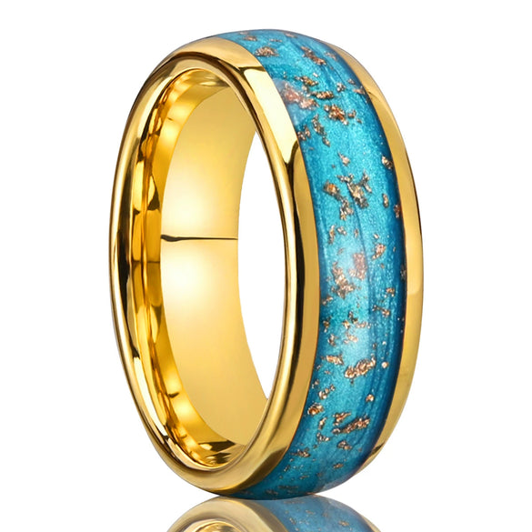 Wide Curved Goldplated Tungsten Steel Ring With Blue Liquid Gold Foil Geometric Minimalist Design For Unisex Jewelry