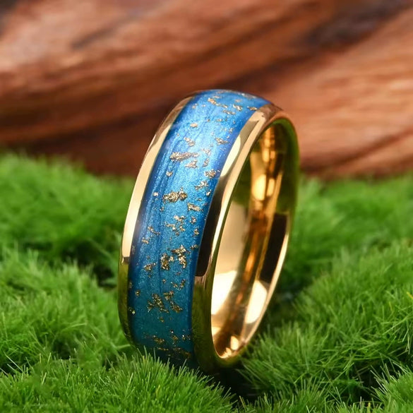 Wide Curved Goldplated Tungsten Steel Ring With Blue Liquid Gold Foil Geometric Minimalist Design For Unisex Jewelry