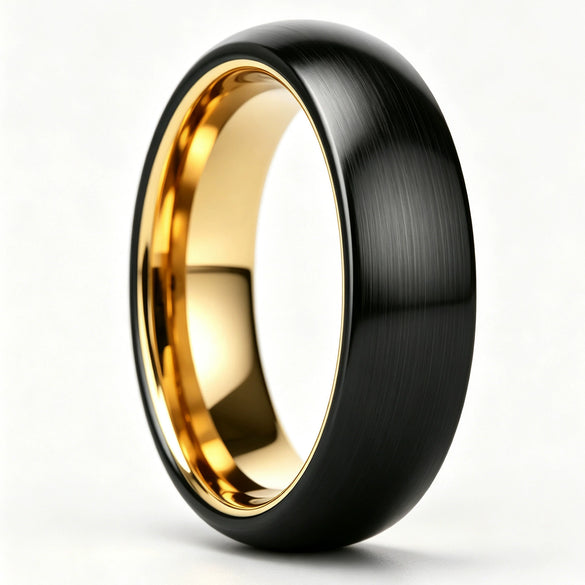 Wide Curved Twotone Tungsten Steel Ring With Black And Gold Electroplated Brushed Finish Geometric Unisex Jewelry