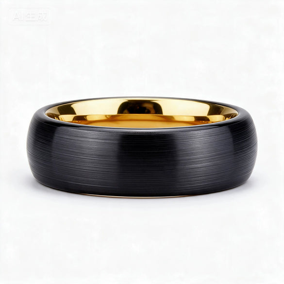 Wide Curved Twotone Tungsten Steel Ring With Black And Gold Electroplated Brushed Finish Geometric Unisex Jewelry