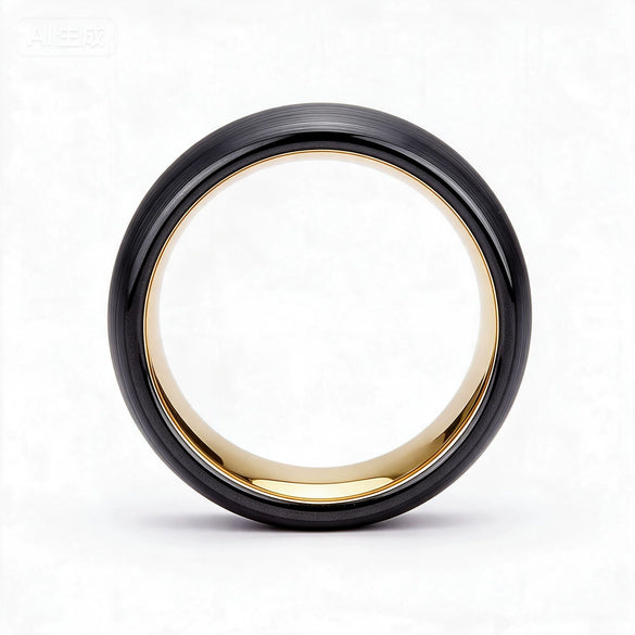 Wide Curved Twotone Tungsten Steel Ring With Black And Gold Electroplated Brushed Finish Geometric Unisex Jewelry