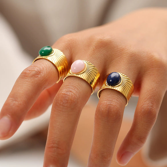 Wide Face Screw Twill Open Oval Ring Stainless Steel With Natural Stone Vintage Style Pvdp Furnace Real Gold Treatment For Women