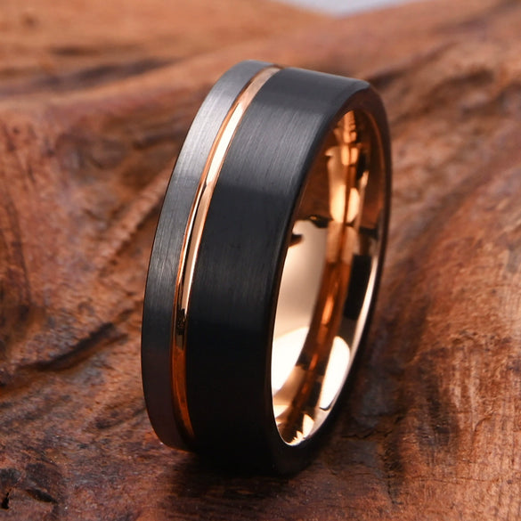 Wide Flat Tungsten Steel Ring With Electroplated Two Tone Black And Rose Gold Finish Minimalist Geometric Unisex Jewelry