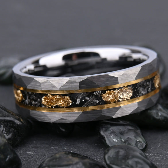 Wide Flat Tungsten Steel Ring With Hammered Geometric Pattern And Gold Tone Electroplated Finish For Unisex Minimalist Style