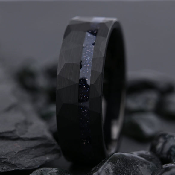 Wide Hammered Black Tungsten Steel Ring With Crushed Blue Sandstone Detail And Goldtoned Electroplated Finish Minimalist Geometric Unisex Jewelry