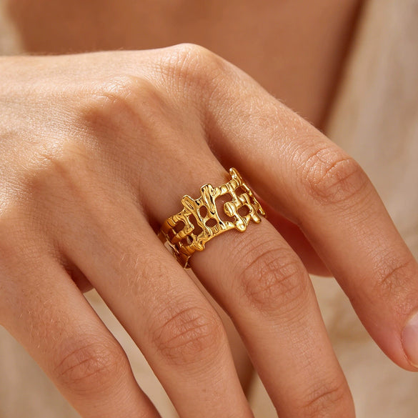 Wide Hollow Gold Plated Titanium Steel Open Ring With Irregular Ushaped Cross And Line Design Unisex Geometric Jewelry