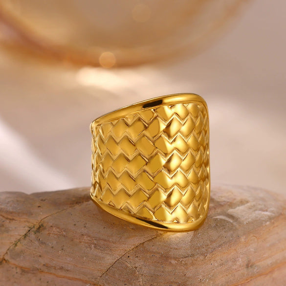 Wide Hollow Gold Plated Titanium Steel Open Ring With Irregular Ushaped Cross And Line Design Unisex Geometric Jewelry